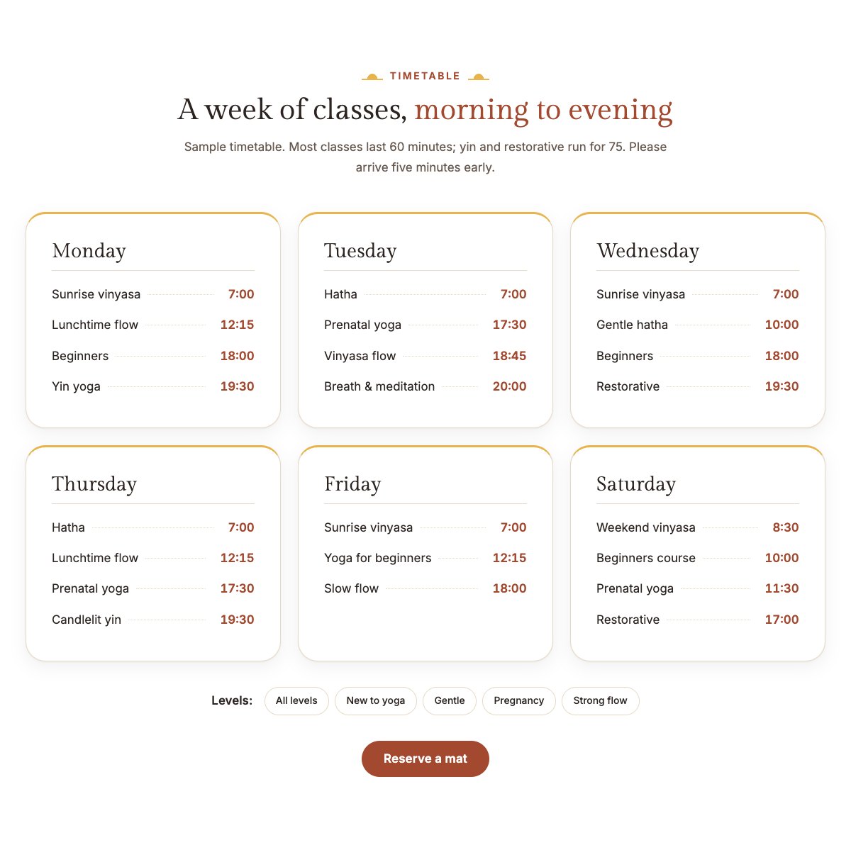 Weekly timetable
