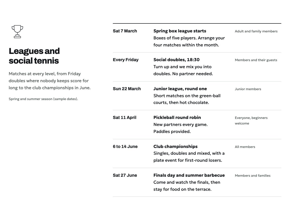 Leagues and social calendar