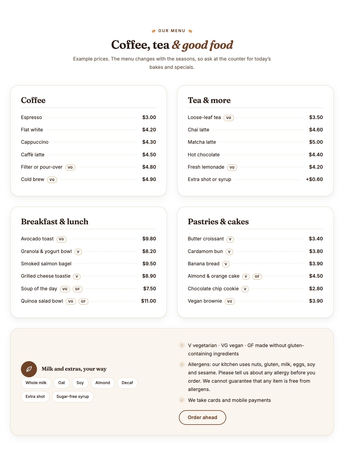 Café menu