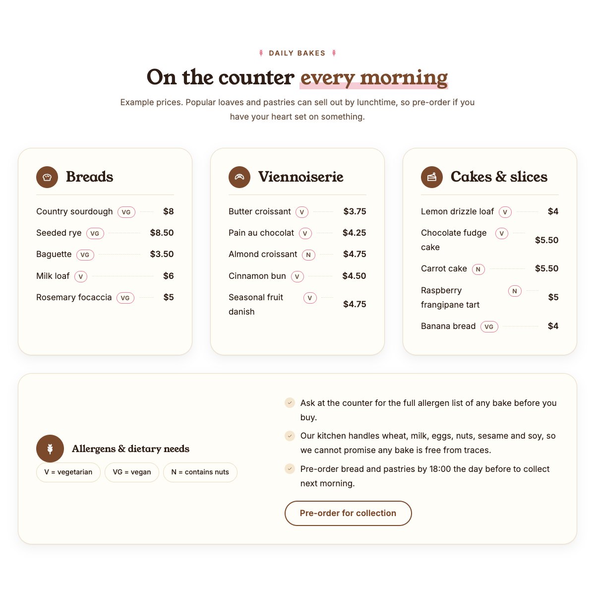 Daily bakes menu