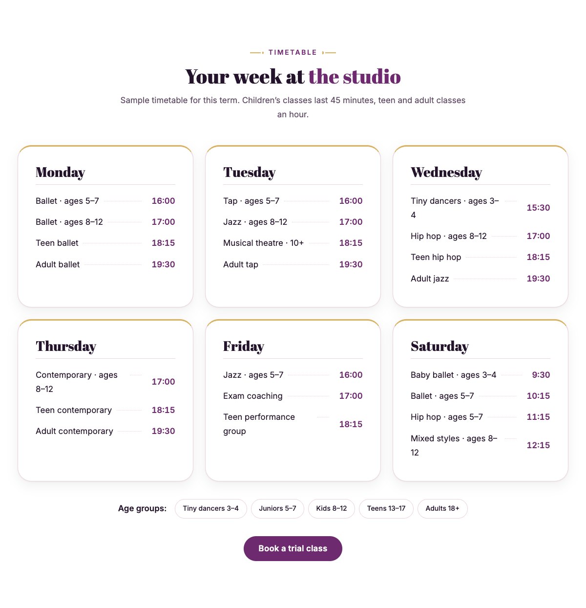 Weekly timetable