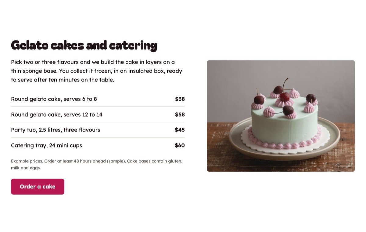 Gelato cakes and catering