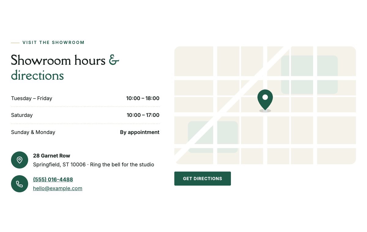 Showroom hours and map