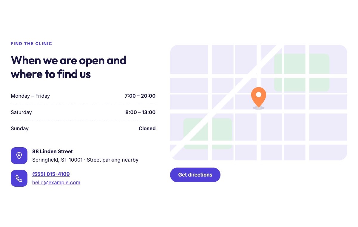 Clinic hours and map