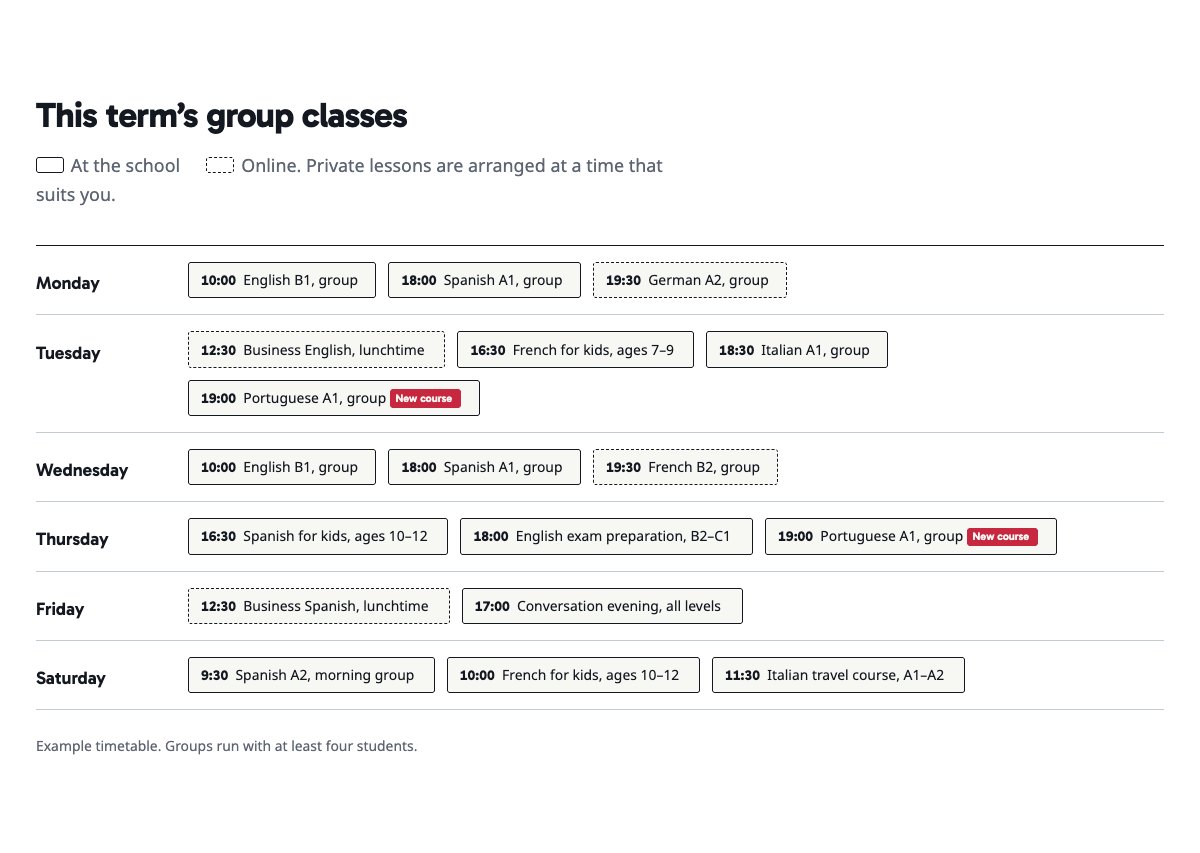 Weekly timetable