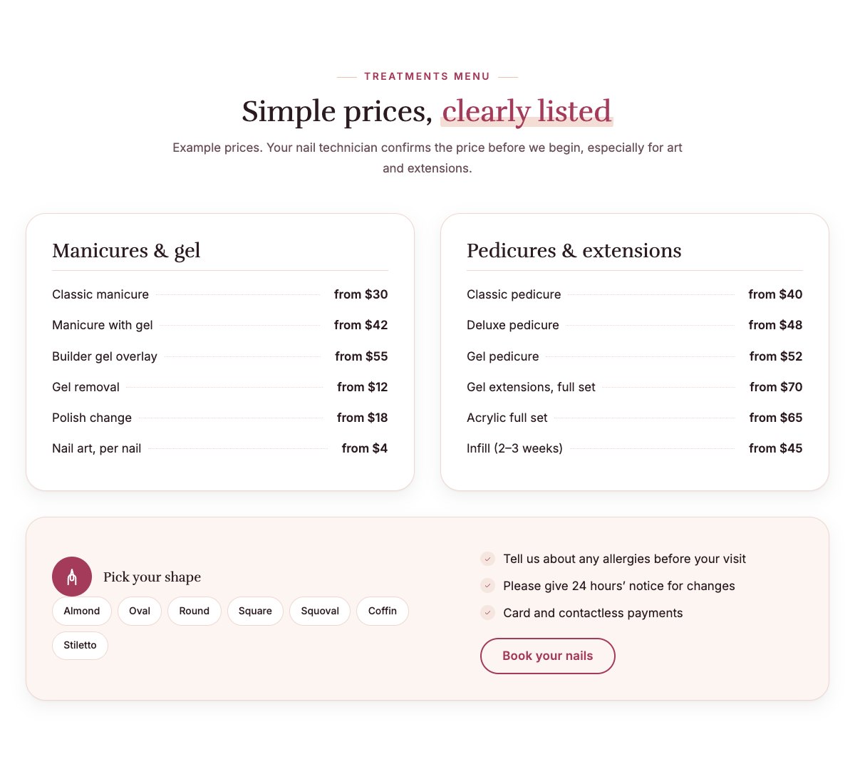 Treatments menu