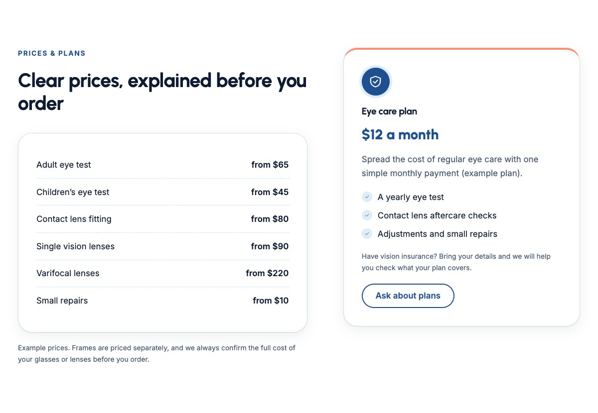 Prices & eye care plan