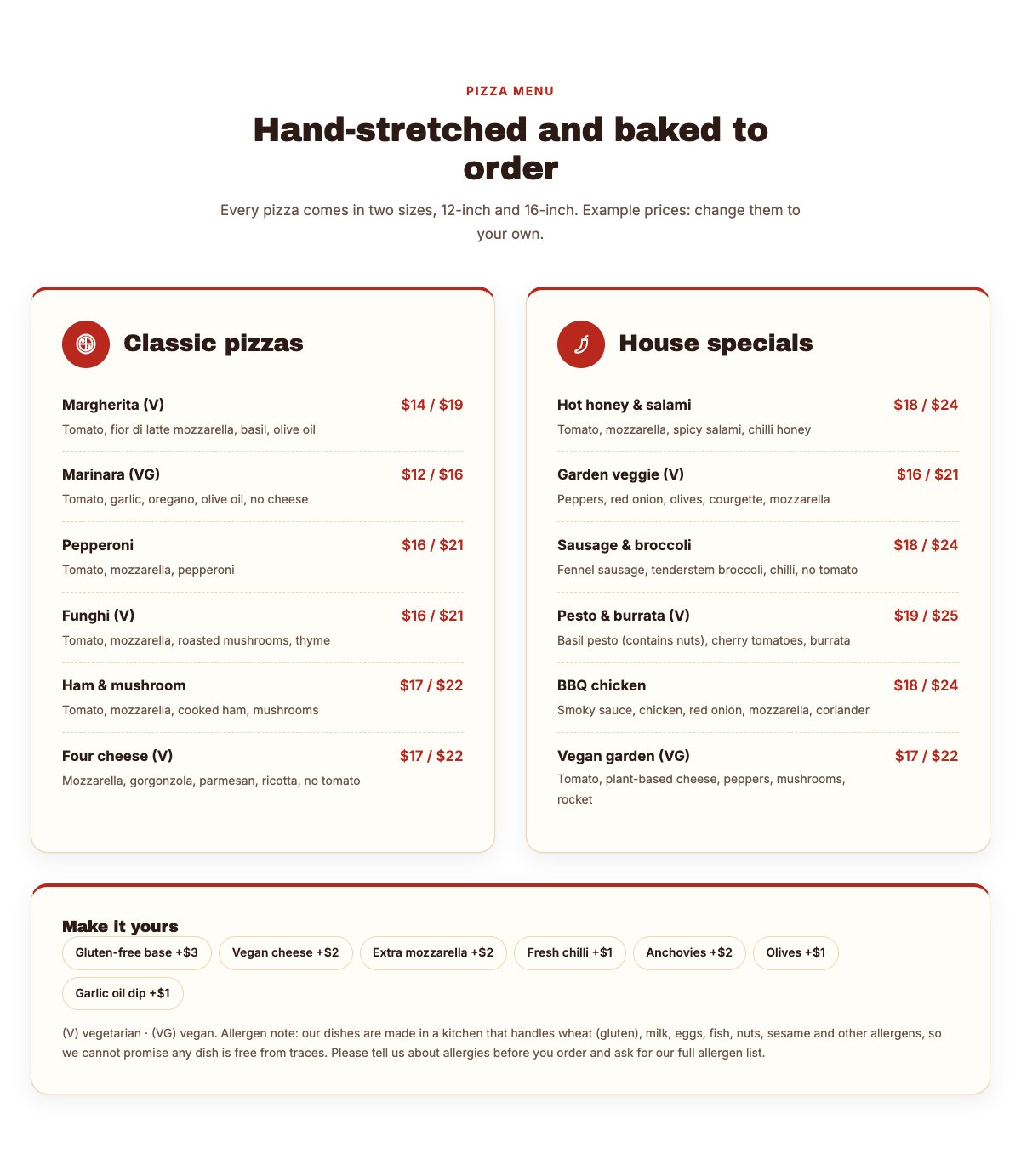Pizza menu