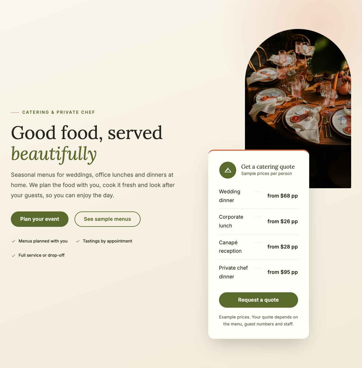 Hero with a catering quote card