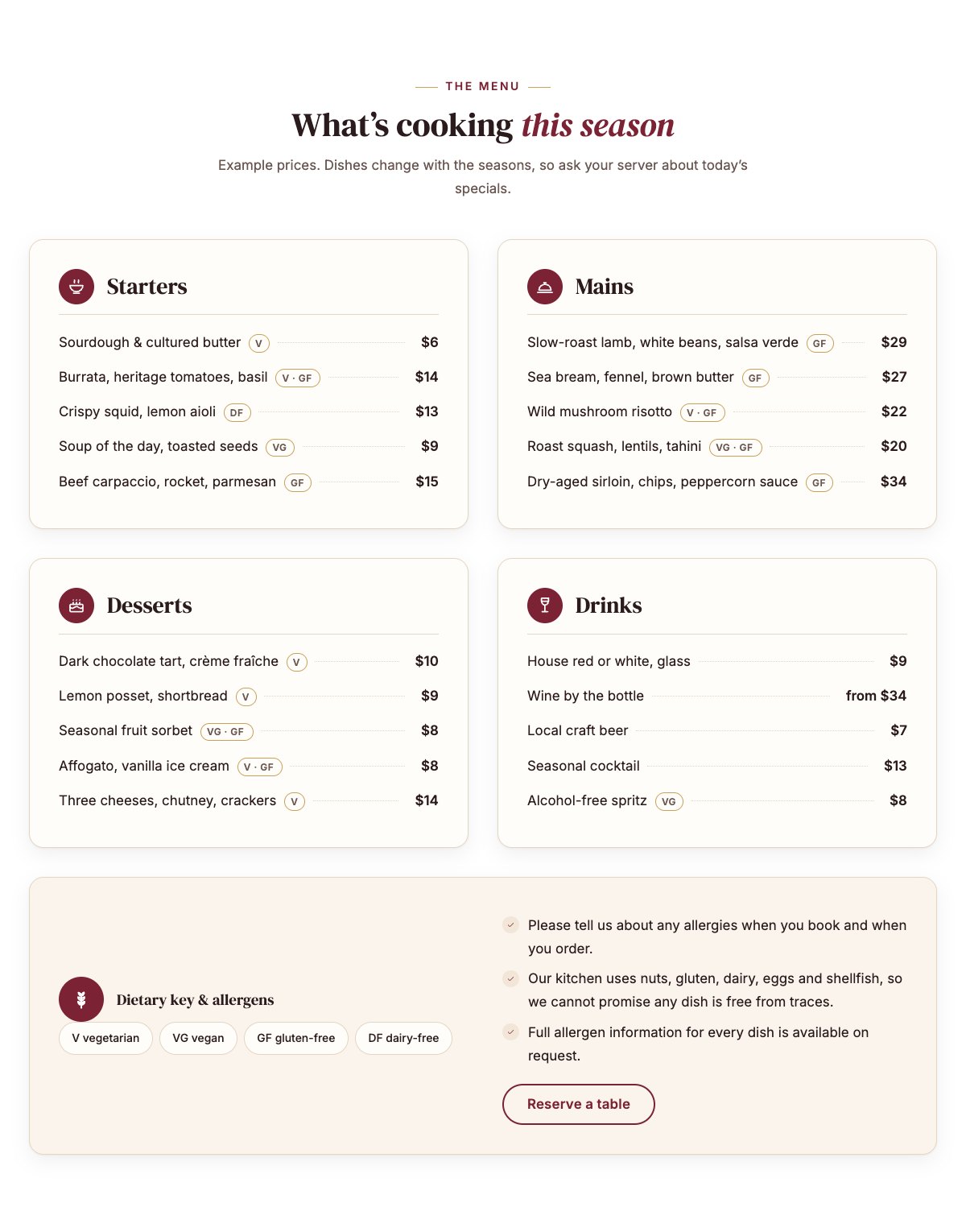 Menu with dietary tags