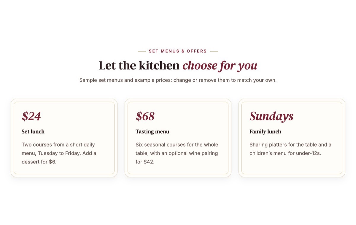 Set menus and offers