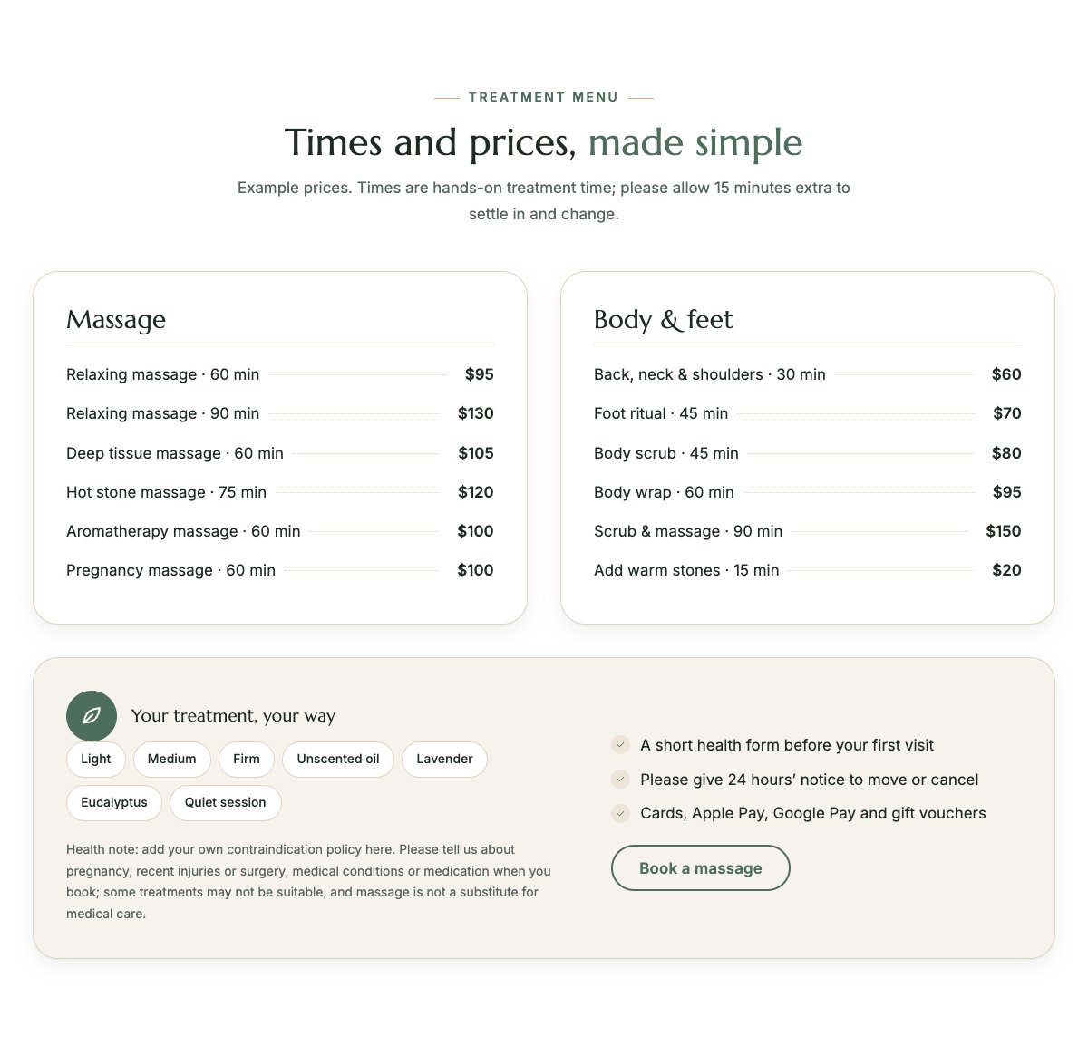Treatment menu with durations