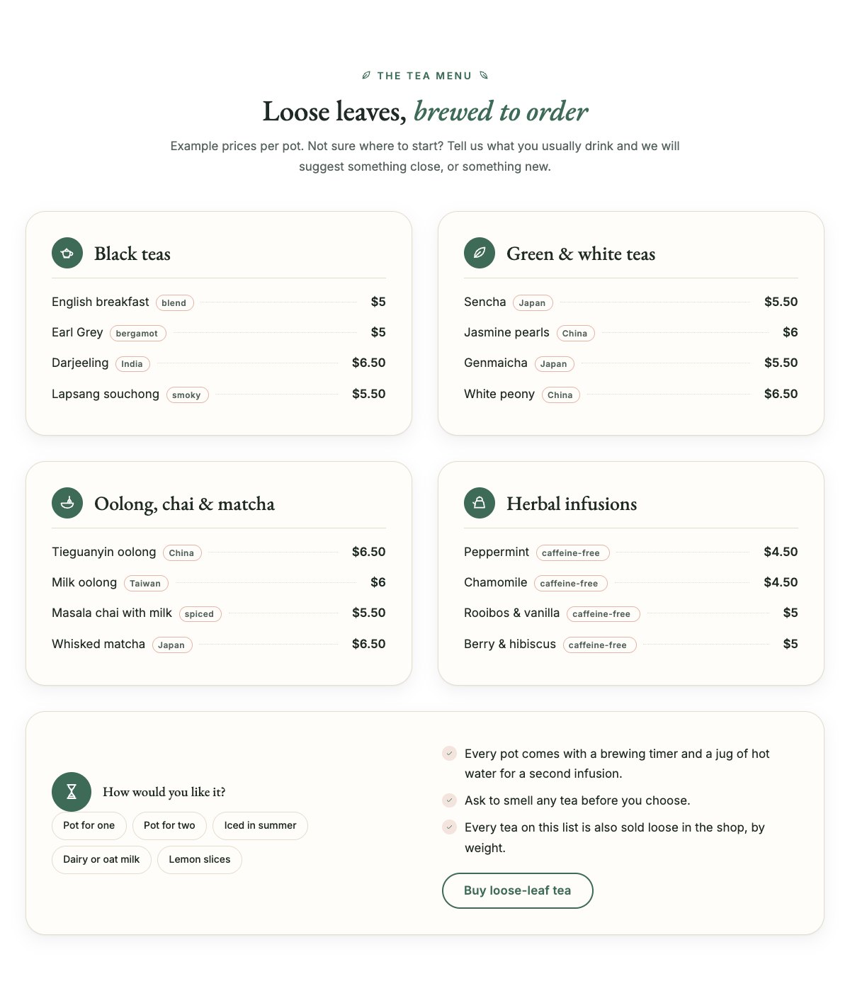 Loose-leaf tea menu
