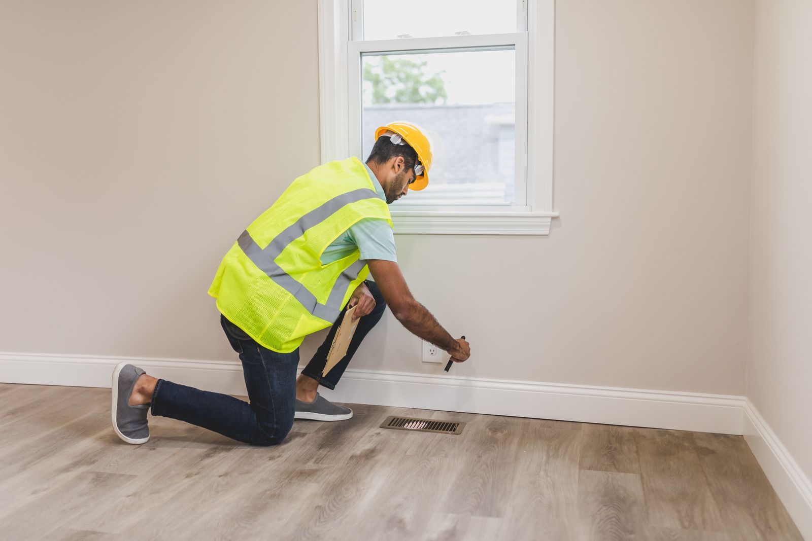 Illustration of a technician inspecting a skirting board with a flashlight