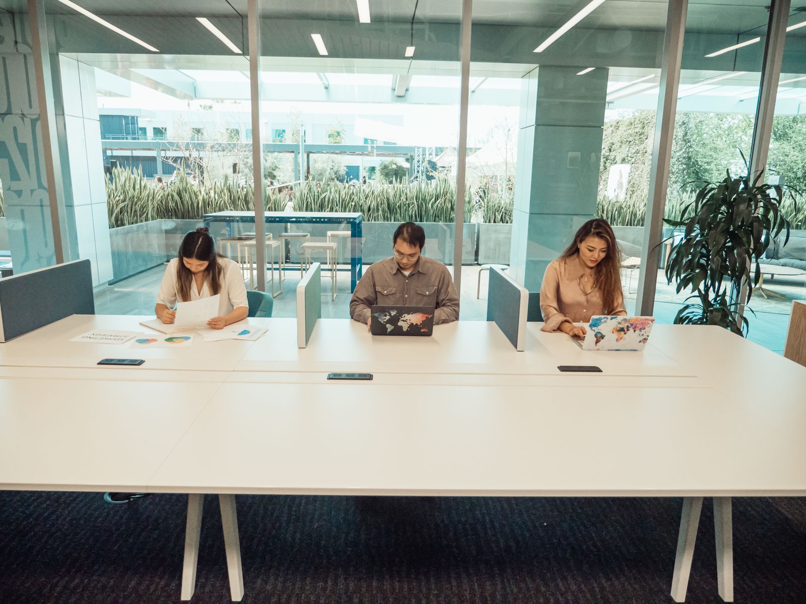 Members working at a shared desk