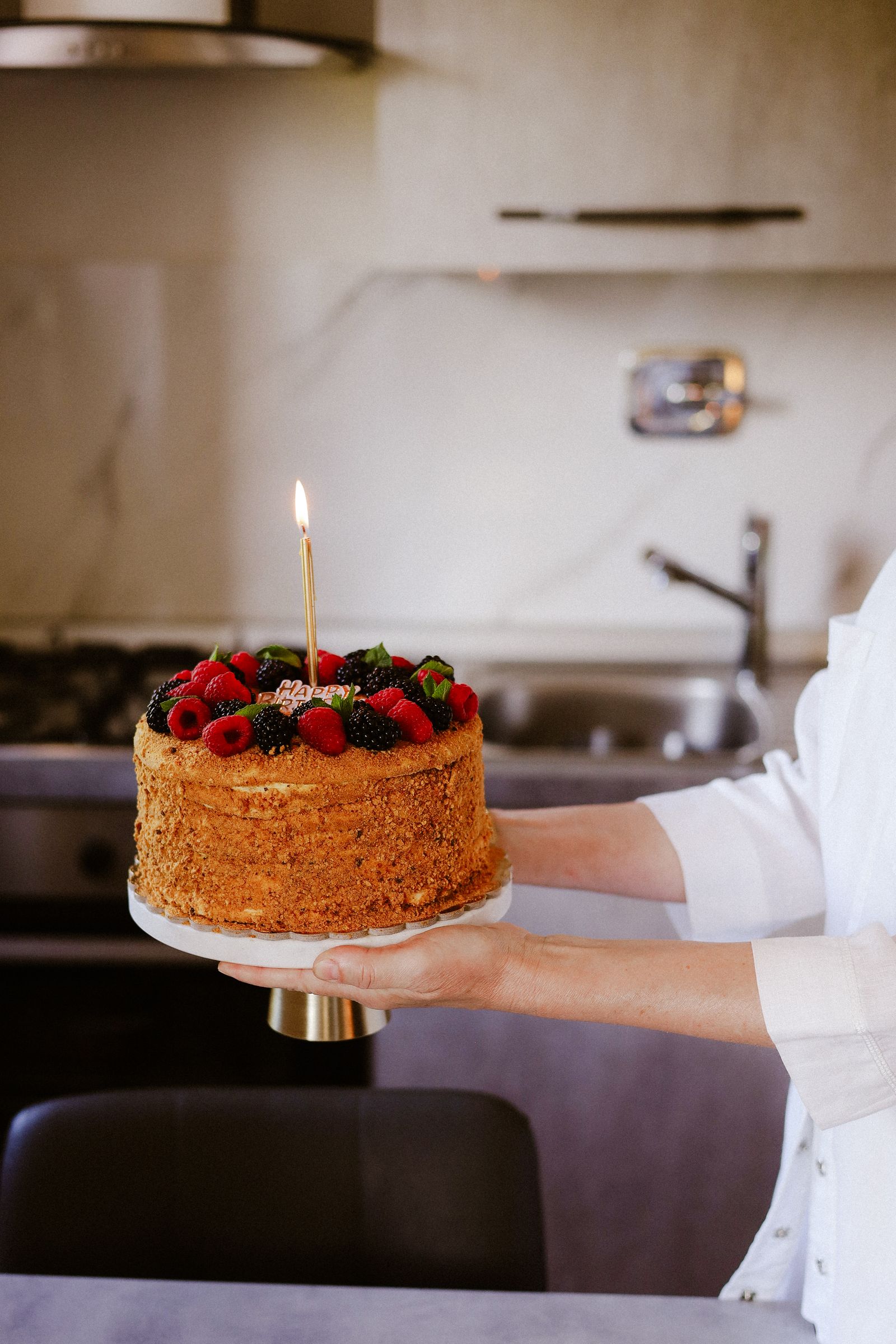 Honey cake with raspberries