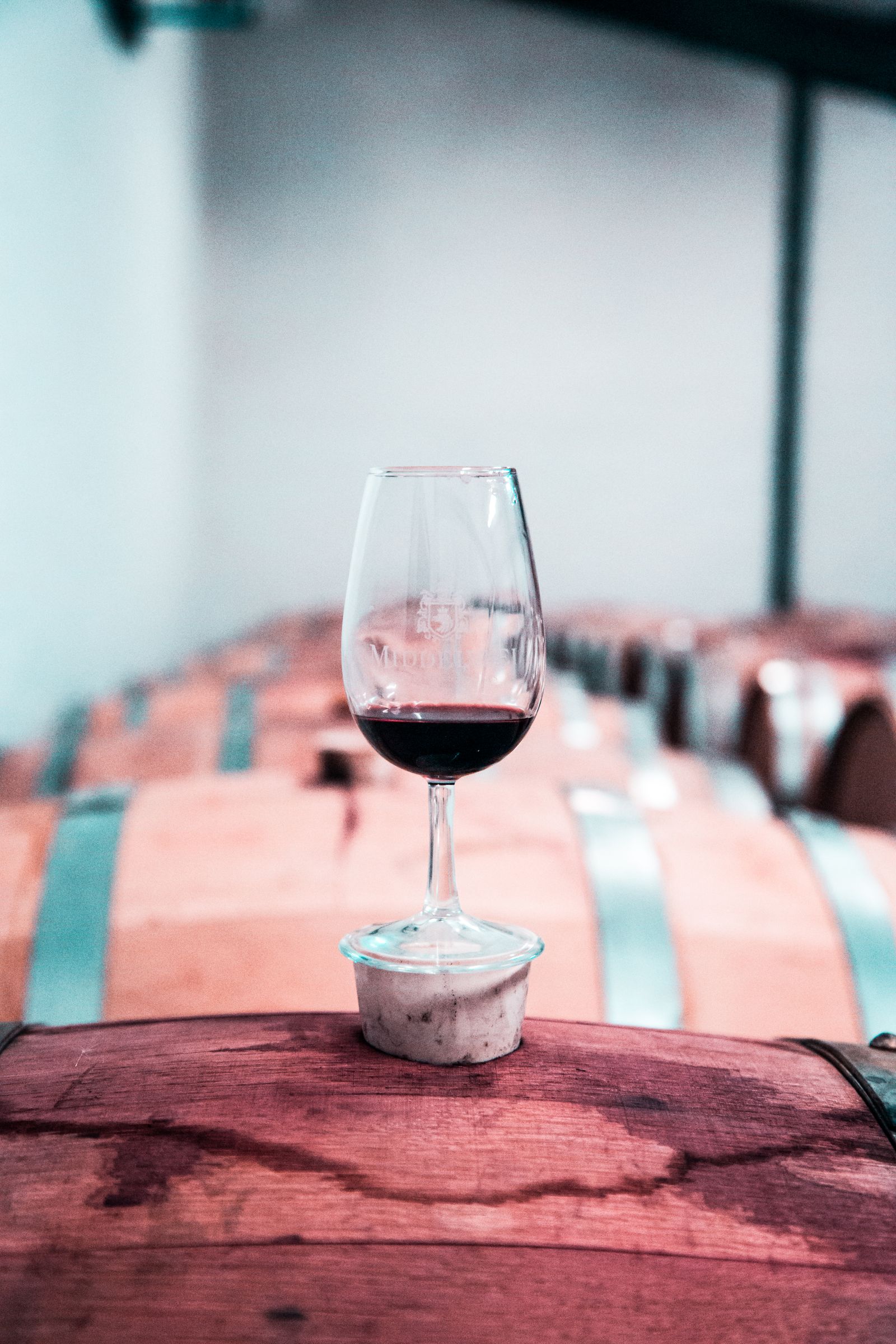A glass of red wine and a bottle by a window over the vineyard