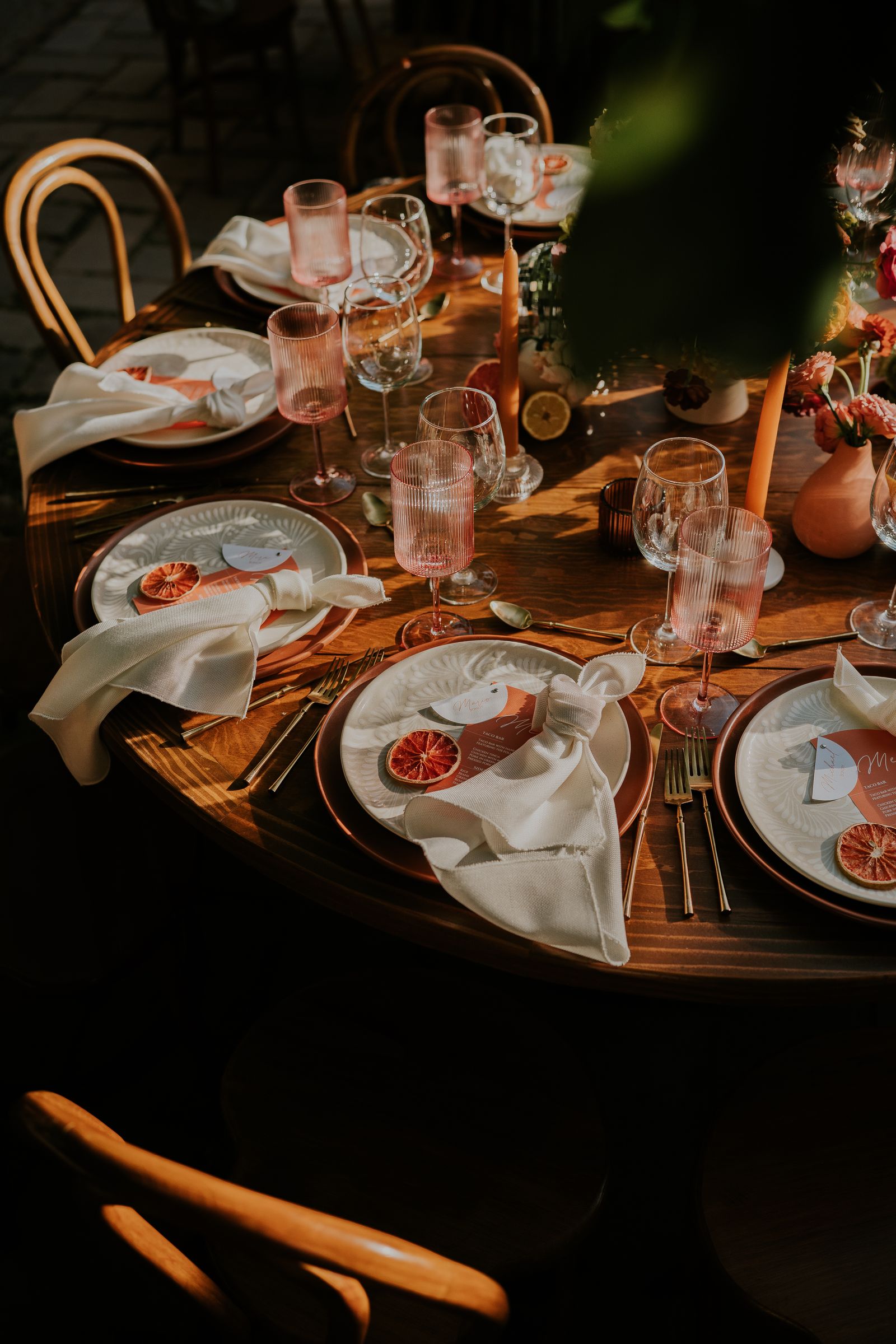 A plated dinner on a table set for guests
